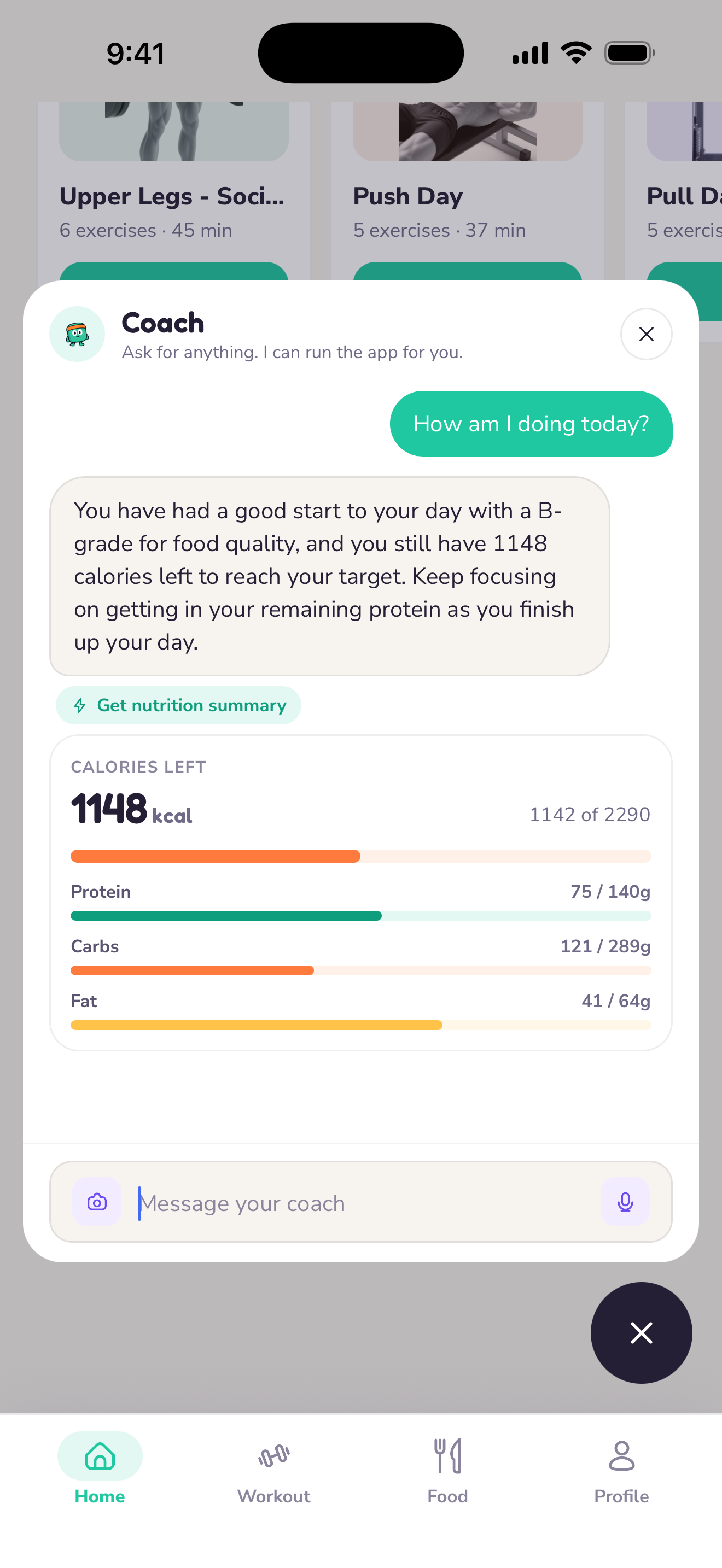Coach Panko answering a question using todayโs food log and calorie targets