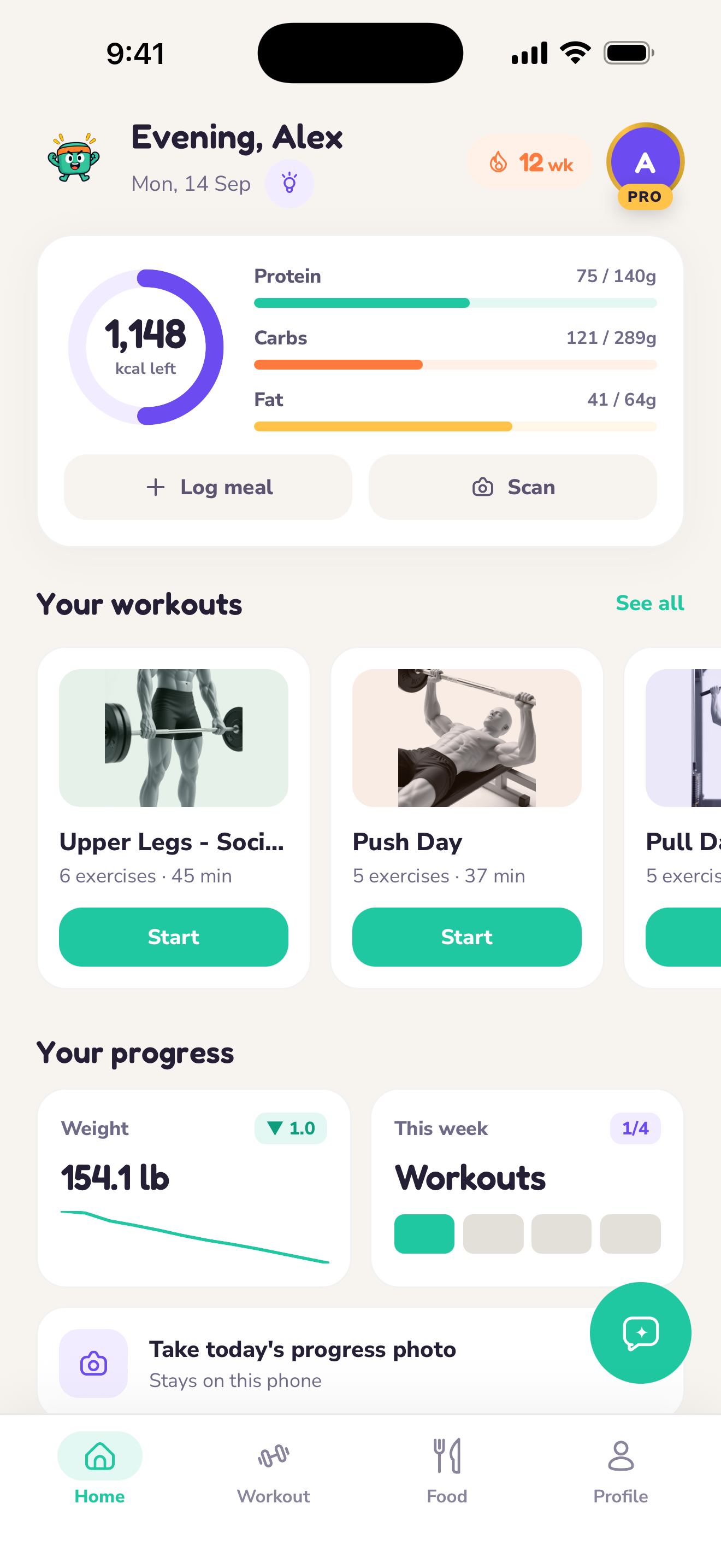 Panko home screen with calorie and macro targets, workouts and progress tiles