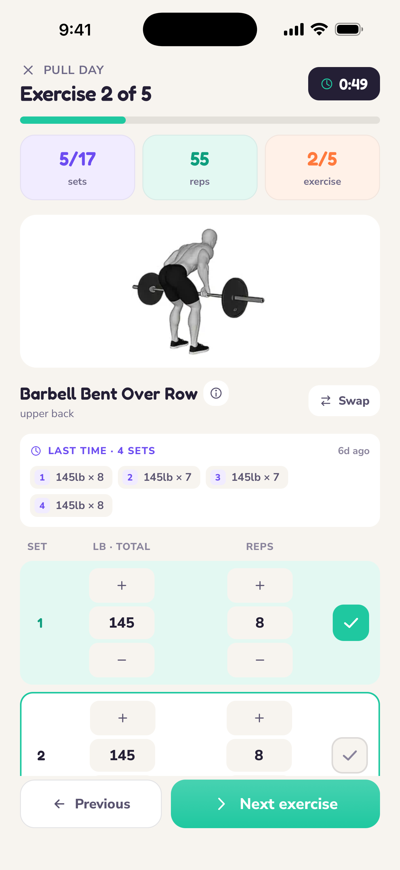 Live workout screen showing the last set, current weights, reps and rest timer
