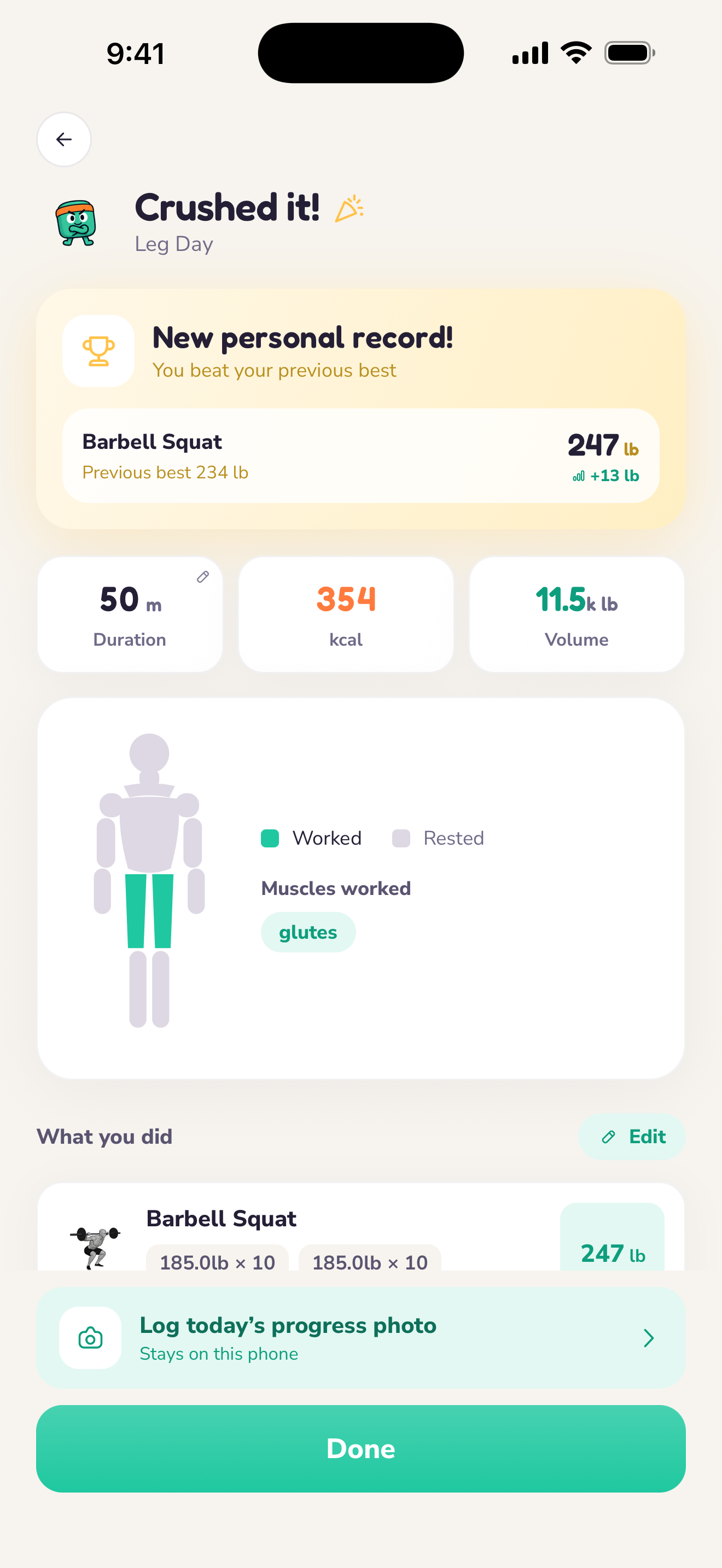 Workout summary showing a personal record, session totals and muscles worked